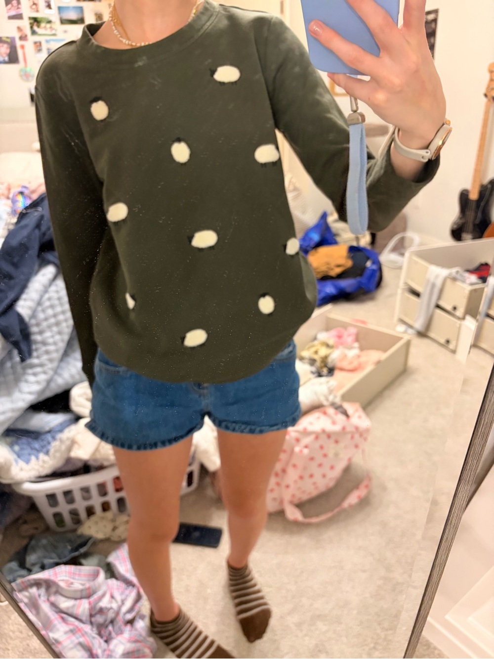 Talbots Olive Green Crewneck Sweater with Cream Polka Dots